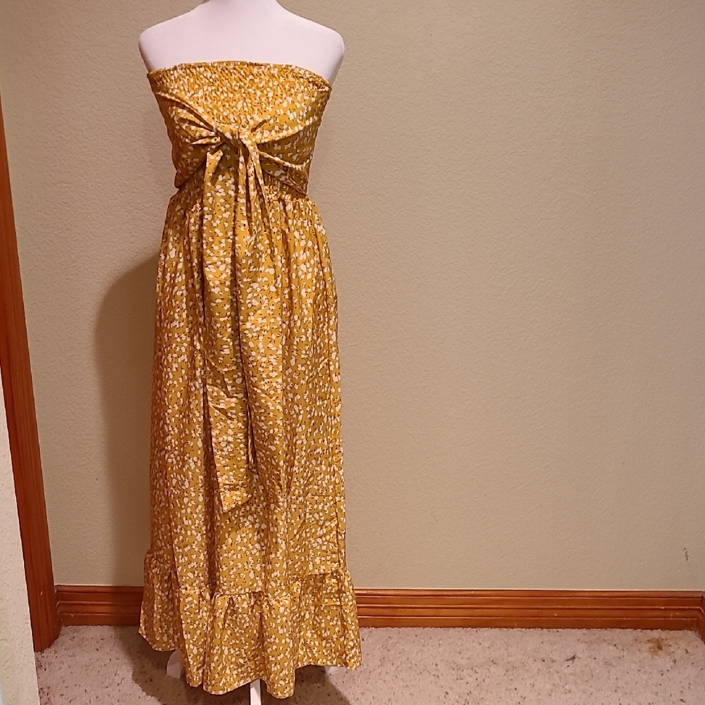 Woman's Boho Floral Yellow Print Strapless Maxi  Sundress Dress Size S